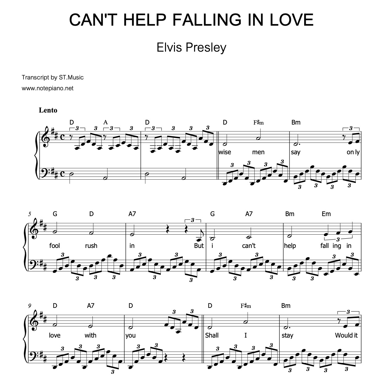 Cant Help Falling In Love Elvis Presley โน้ตเปียโน 7176