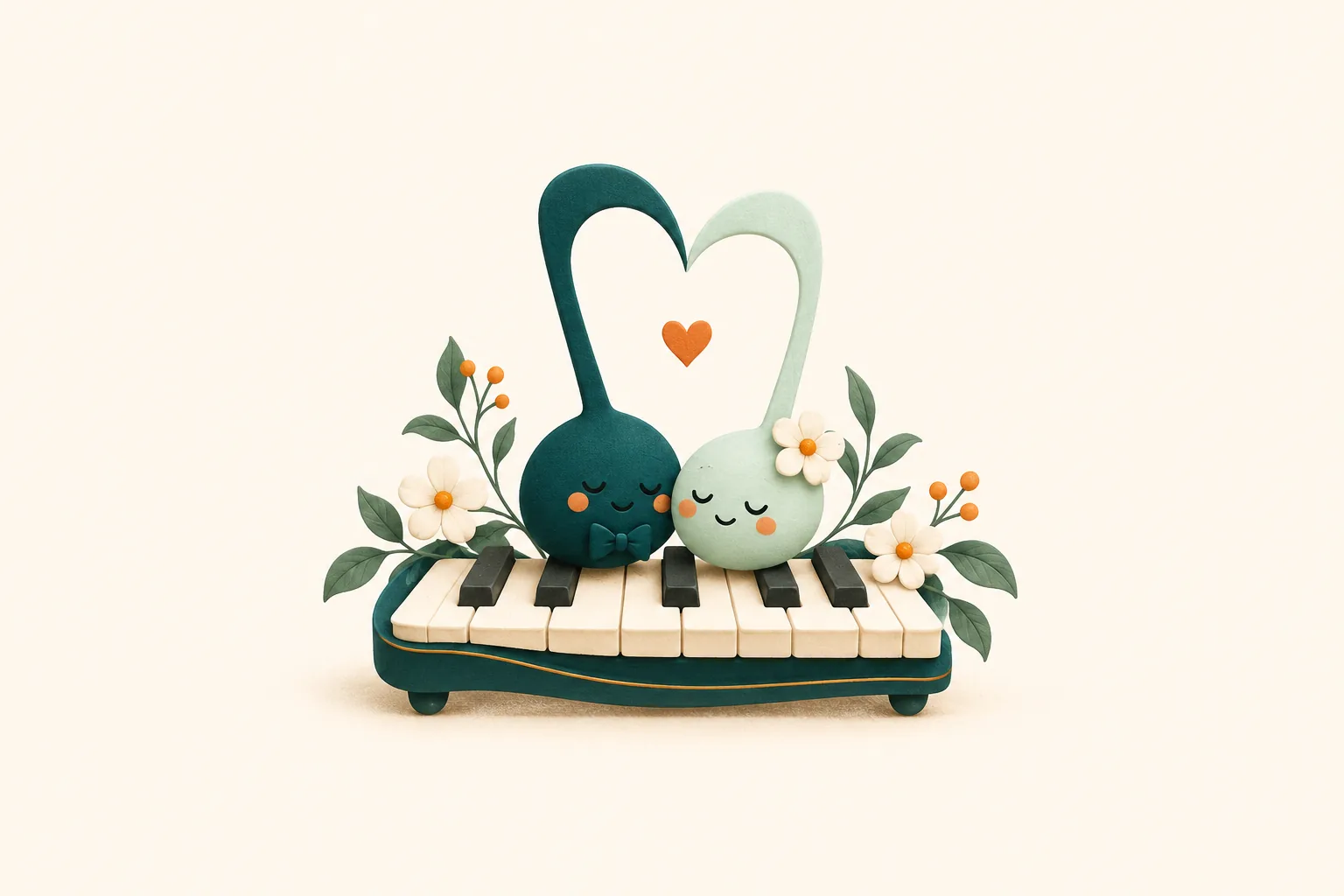 Two heart-shaped musical notes beside wedding piano keys